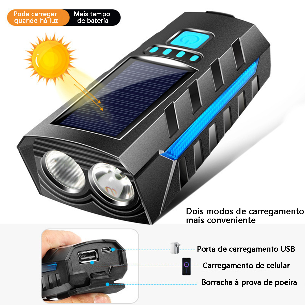Lanterna para Bicicleta LED Recarregavel com Painel Solar - 1