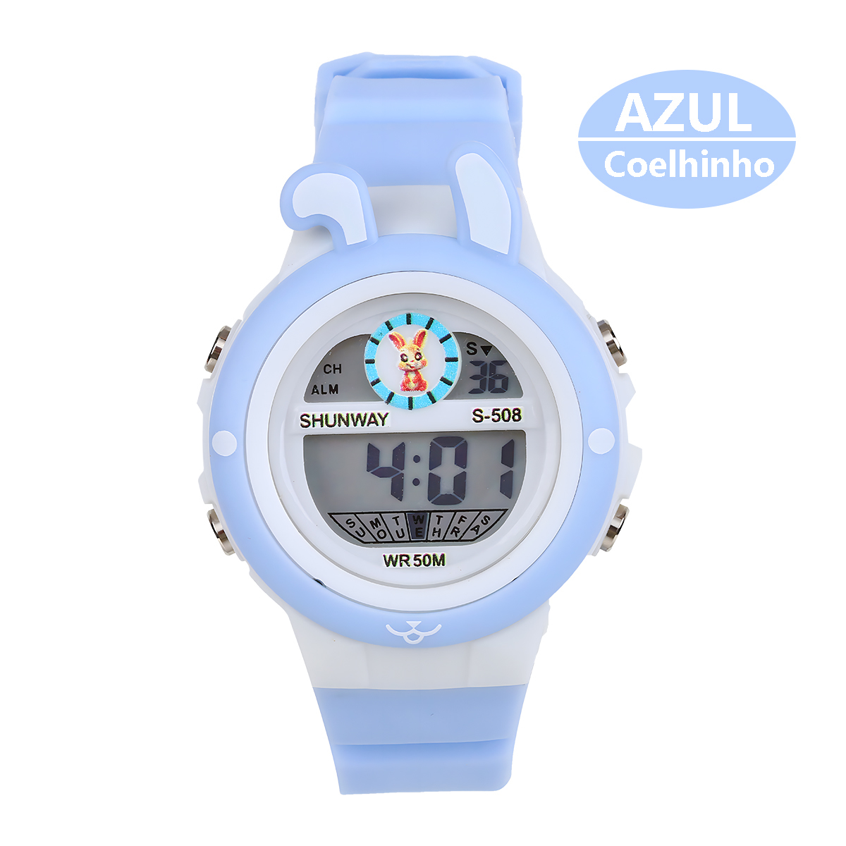 Relógio Infantil Digital Azul Coelhinho LED WR50M - 1