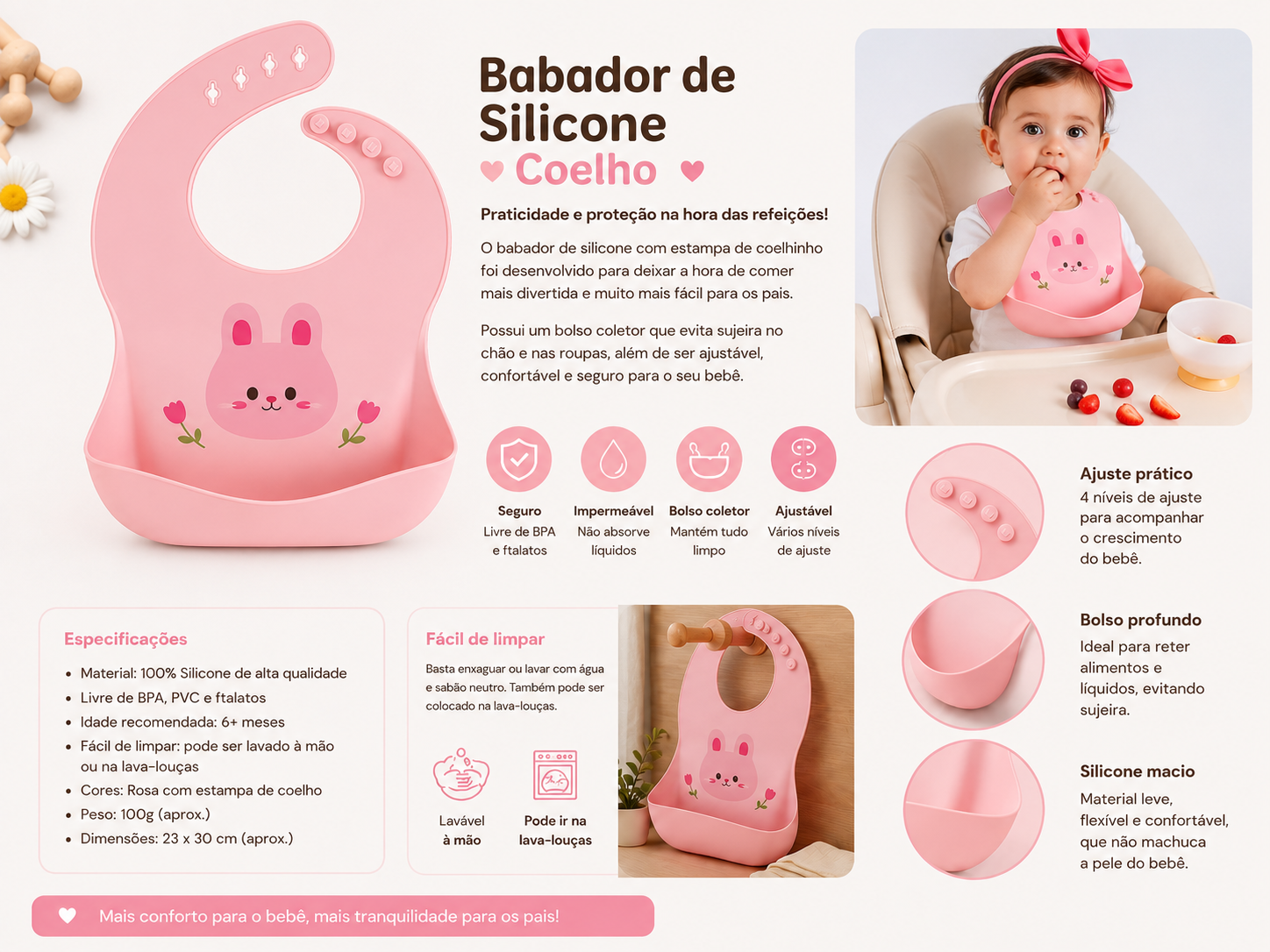Babador Infantil de Silicone BA19 – Impermeável, Ajustável - 3