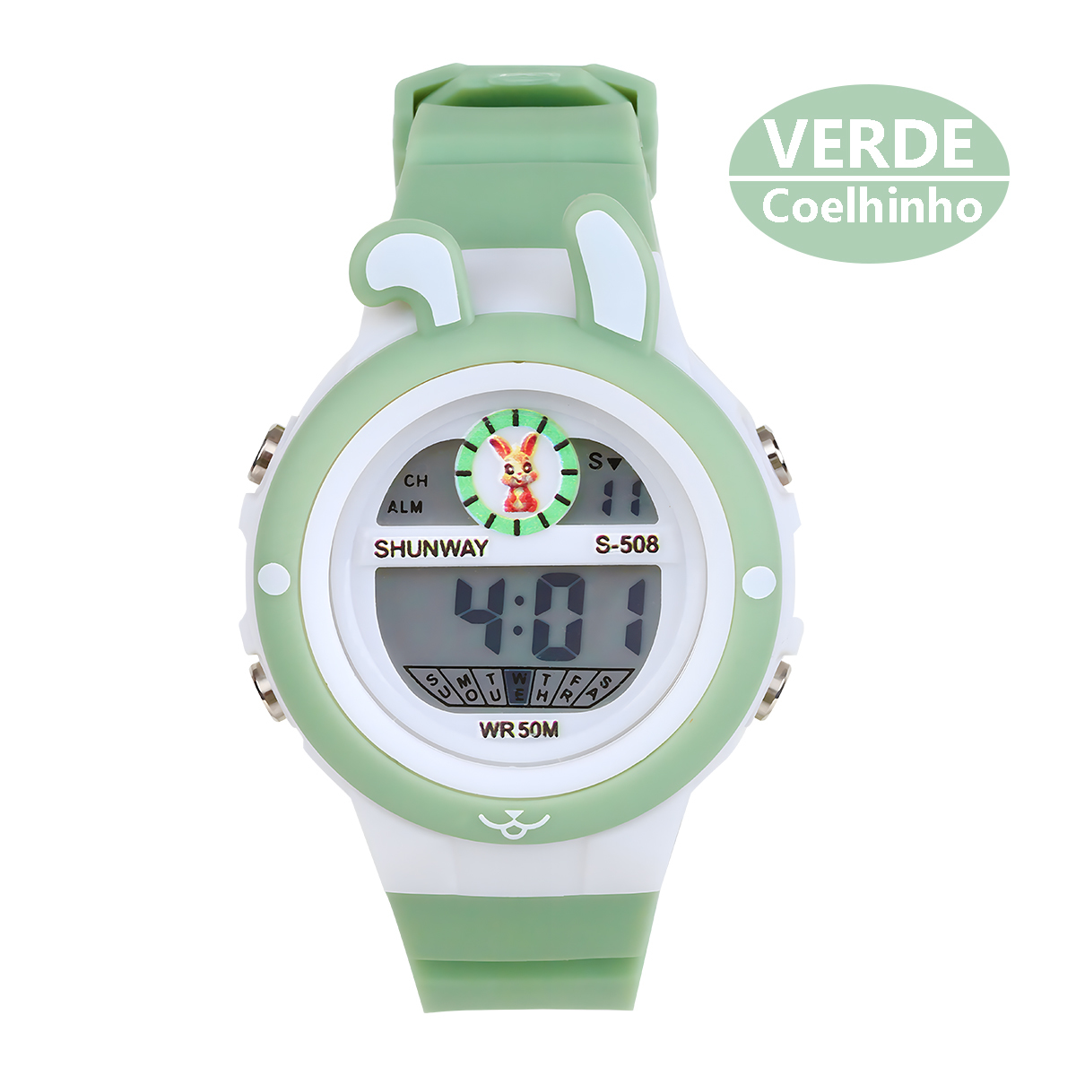 Relógio Infantil Digital Verde Coelhinho LED WR50M - 1