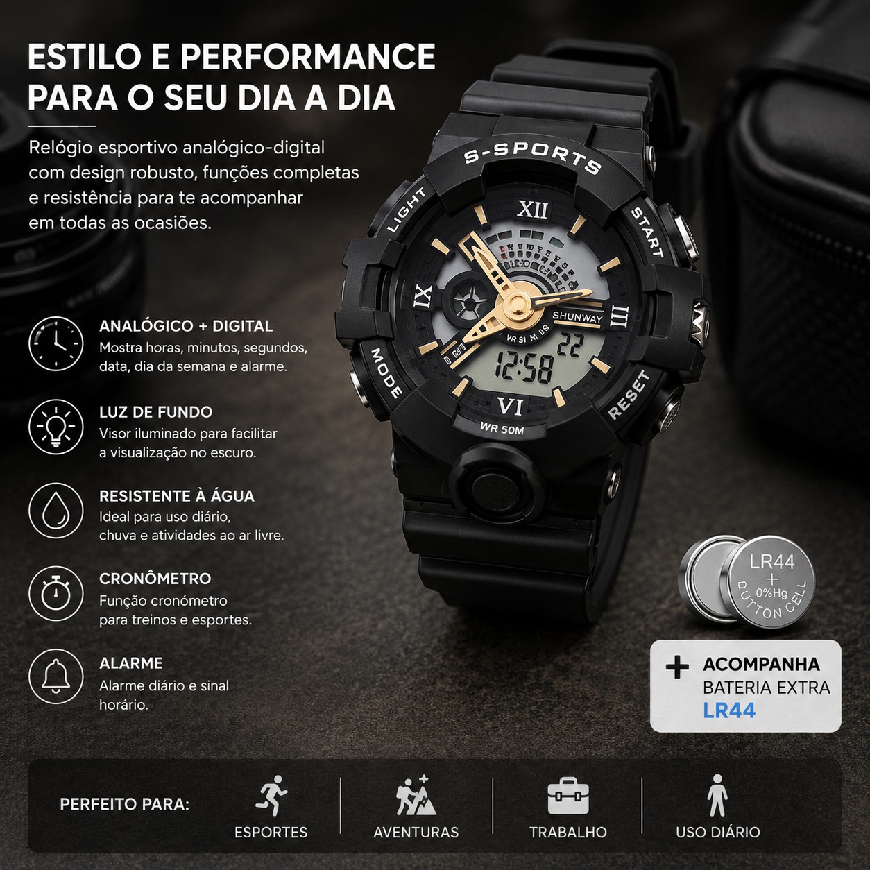 Relógio Esportivo Masculino Digital Analógico LED Preto - 2