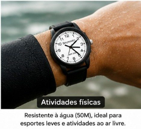 Relógio Analógico Masculino Shunway 50M Silicone Preto - 4