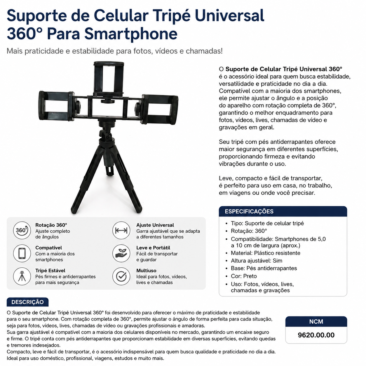 Suporte de Celular com Mini Tripé Universal Ajustável 360° - 4