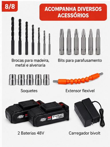 Furadeira e Parafusadeira 48V 2 Baterias com Maleta - 8