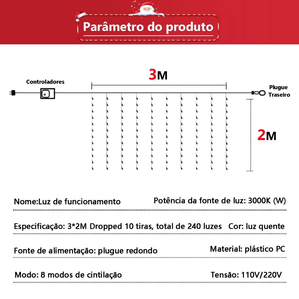 Cascata de Luzes de Natal LED 3x2m – 240 Luzes - 5