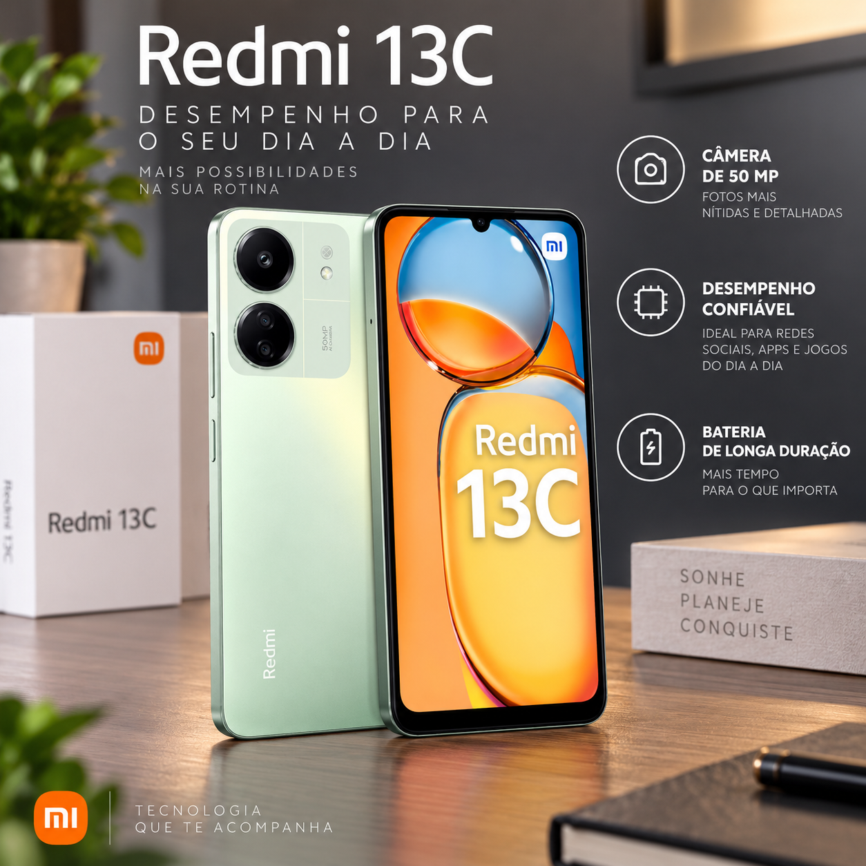 Kit Smartphone Xiaomi Redmi 13C 128GB 4GB RAM Verde 4G - 6