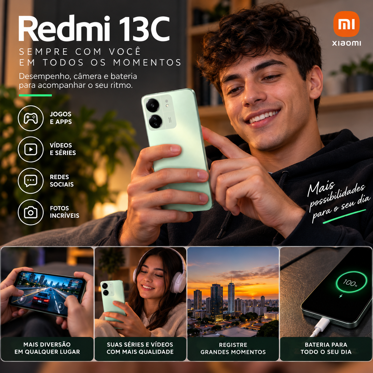 Kit Smartphone Xiaomi Redmi 13C 128GB 4GB RAM Verde 4G - 7