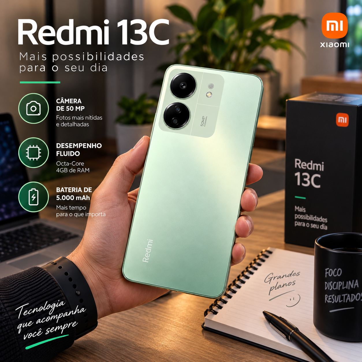 Kit Smartphone Xiaomi Redmi 13C 128GB 4GB RAM Verde 4G - 4