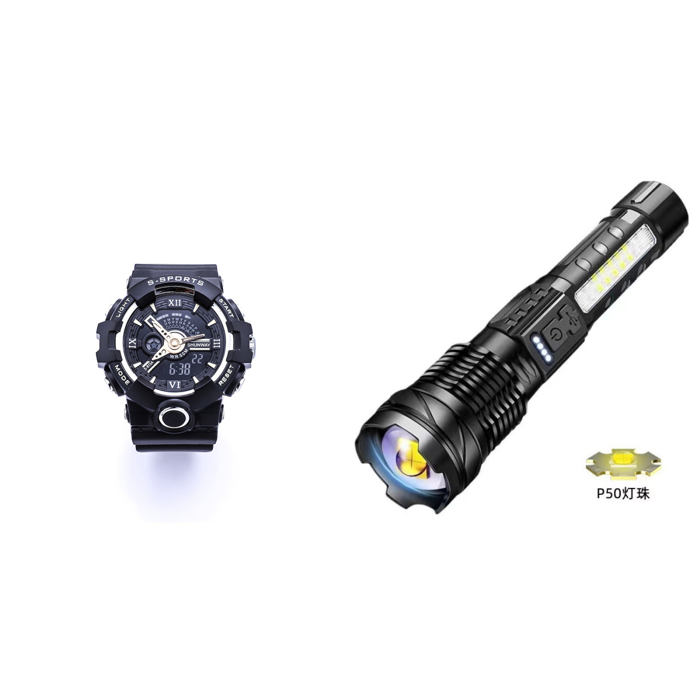 Kit Relógio Esportivo SHUNWAY + Lanterna Tática LED P50 - 1