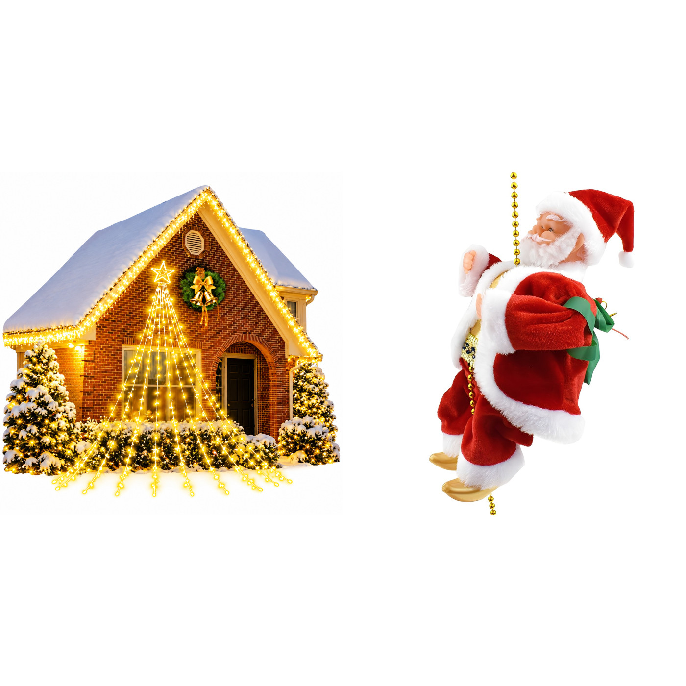 Kit Cascata Luzes Natal LED + Papai Noel Escalada - 1
